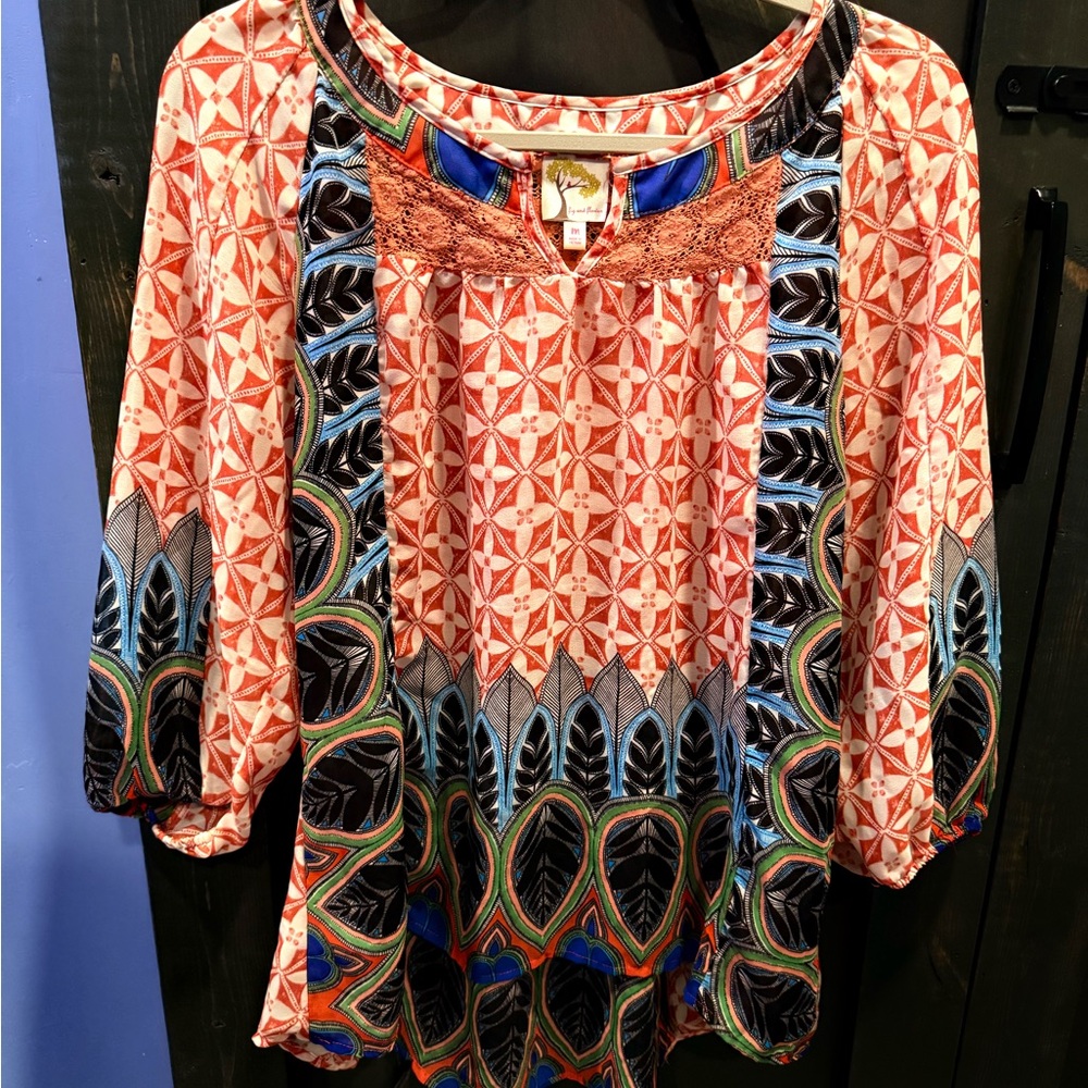 Fig and Flower Geometric Patterned Blouse in Red and Blue